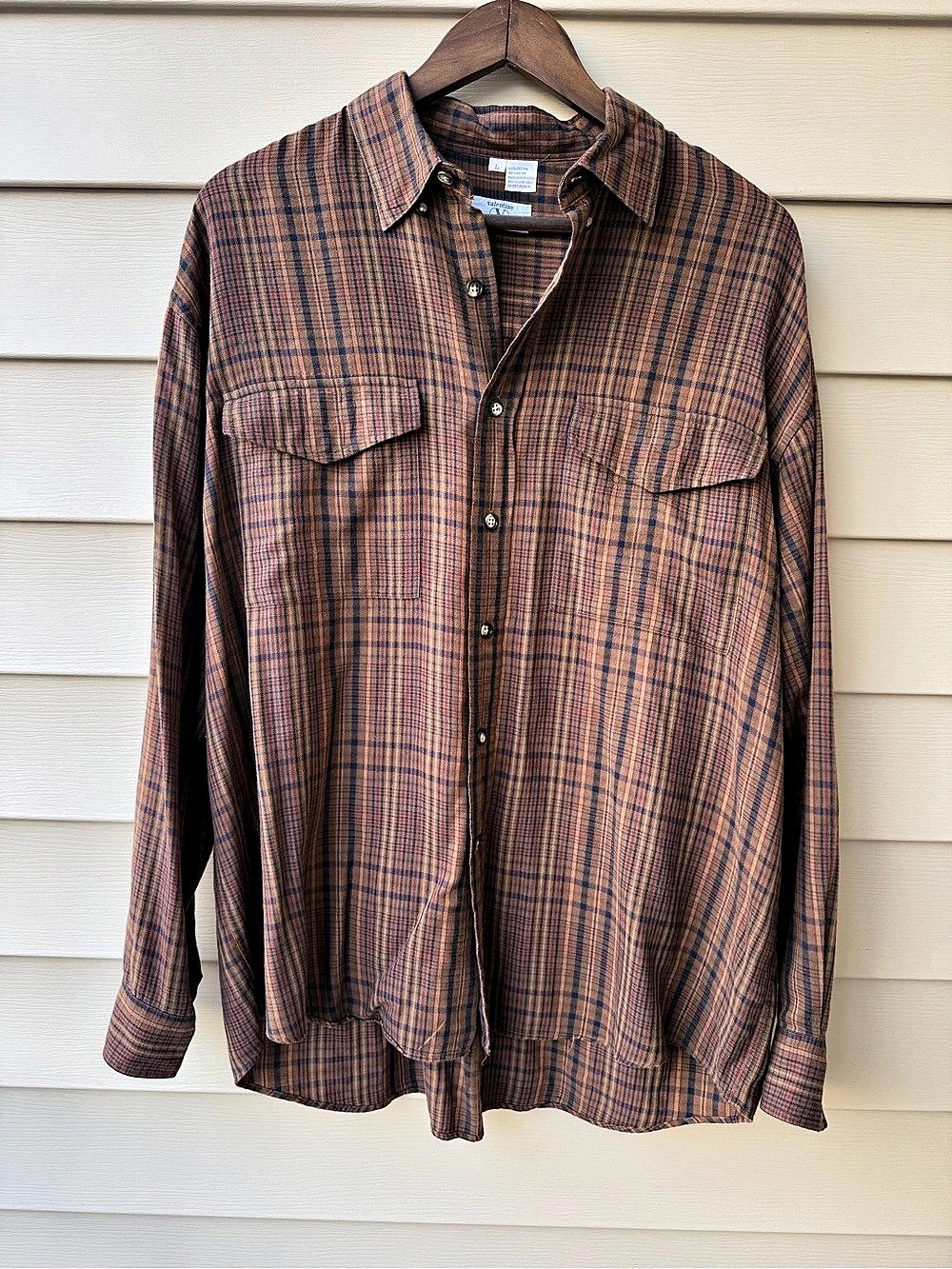 Vintage Valentino Uomo Plaid Button Down Shirt Men’s L Brown Blue Rayon Cotton